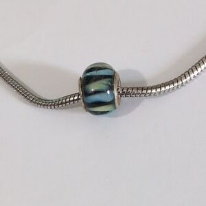 Silver Black Blue‎ Green Striped Glass Charm for Pandora Style Bracelet